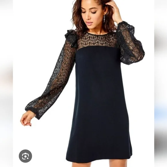 NWT Lilly Pulitzer Karolina Dress in Onyx Black 00 LBD Ruffle Lace Long Sleeves - Picture 1 of 11